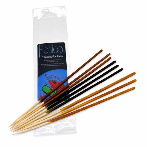 Set of shrimp lollies with a clear packaging labeled 'Fishios' on a white background